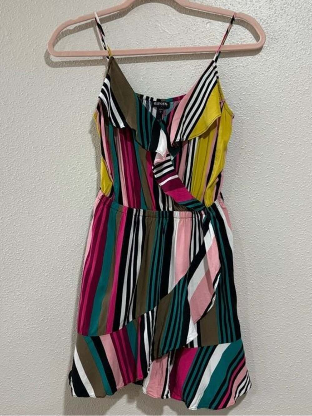 Express Colorful Striped Ruffle Romper | Size Small Petite (S/P)